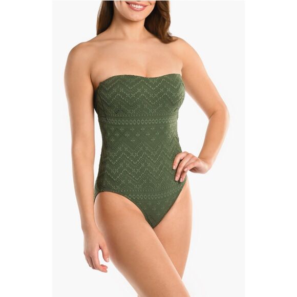 NWT La Blanca Salt Bandeau One-Piece Swimsuit w Removable Straps in Olive Sz 10 - Picture 3 of 16